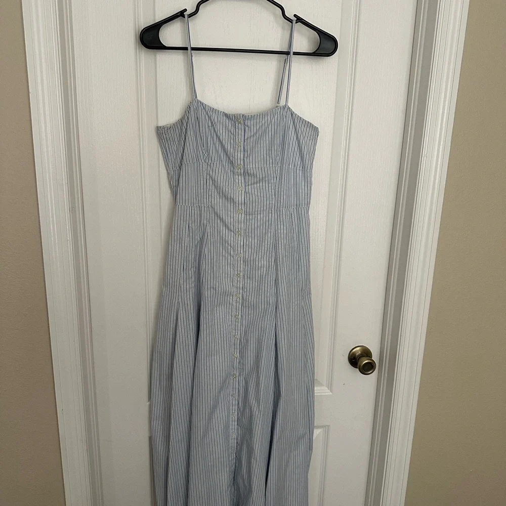 J. CREW Striped Linen Button Front Maxi Dress Coastal Preppy Blue White⁠